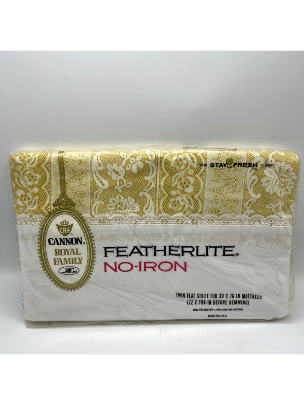 Vintage Cannon Featherlite Royal Family Twin Flat Sheet Gold Royal Lace